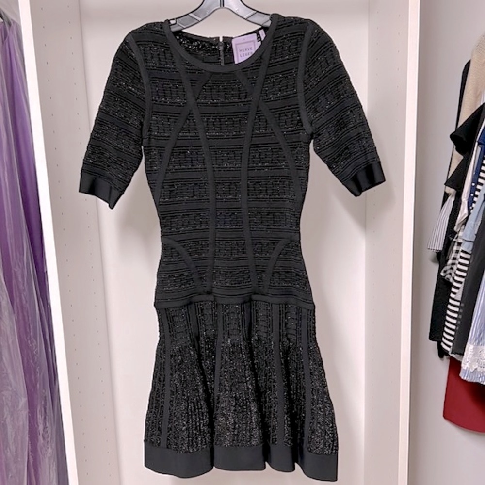 Herve Leger Metallic Thread Black Dress With Sleeves